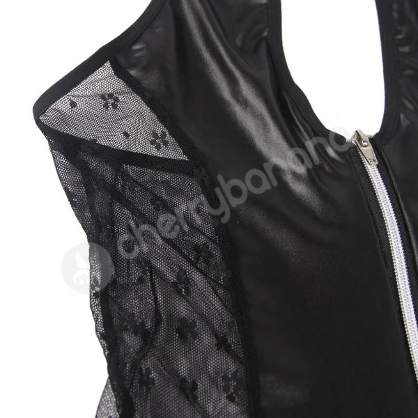 Cherry Banana Black Faux Leather Dress With Zipper Front & Tie-up Back