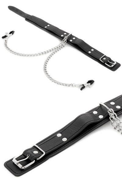Sportsheets International Vegan Leather Collar with Chained Nipple Clamps