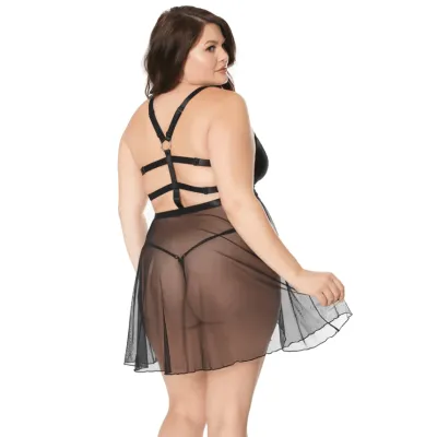 Black Mesh Babydoll With Adjustable G String