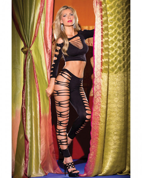 Shredded Crop Top And Footless Tights - Black - One Size