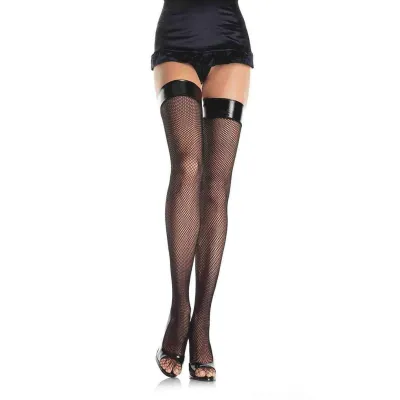 Vinyl Top Fishnet Thigh Highs One Size Black