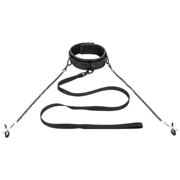 Bondara Matte Black Collar, Leash and Nipple Clamps