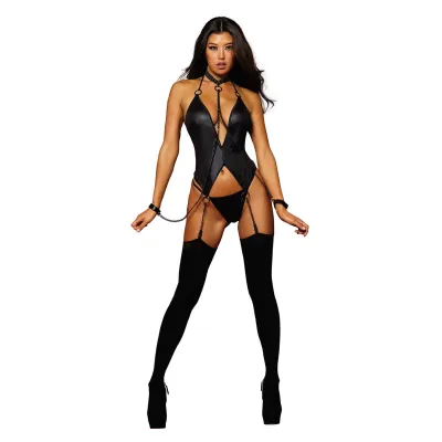 Fetish Short Garter Slip With Restraints and G String One Size Black