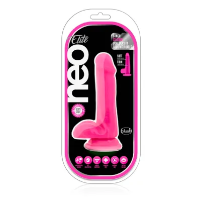 Blush Neo Neon Pink Elite 6 Inch Silicone Dual Density Cock w Balls