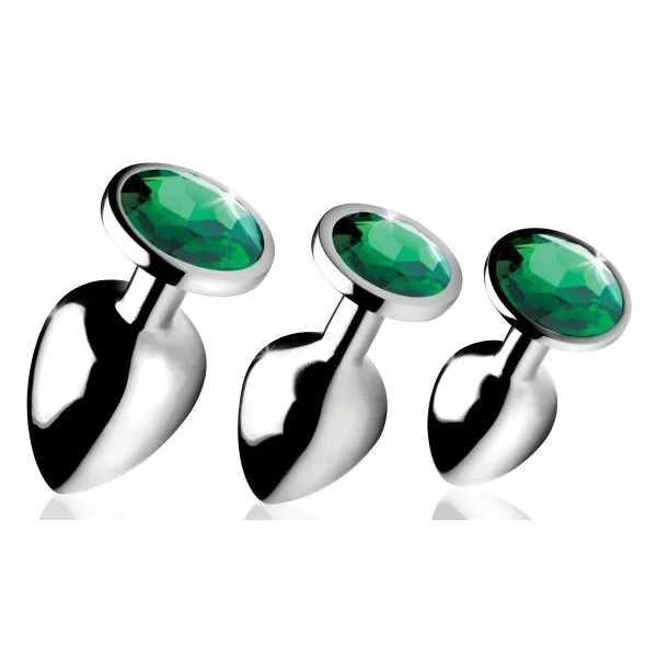 Emerald Gem Anal Plug Set 3 Silver Plugs with Green End