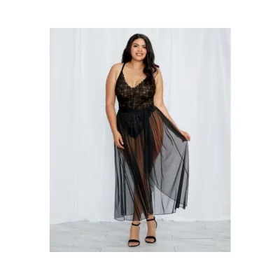 Dreamgirl Plus size Stretch Lace Teddy Sheer Mesh Maxi Skirt With Adjustable Straps G string Bla
