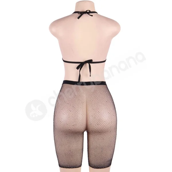 Cherry Banana Black & Rhinestone Fishnet Bikini Style Top & Shorts Set