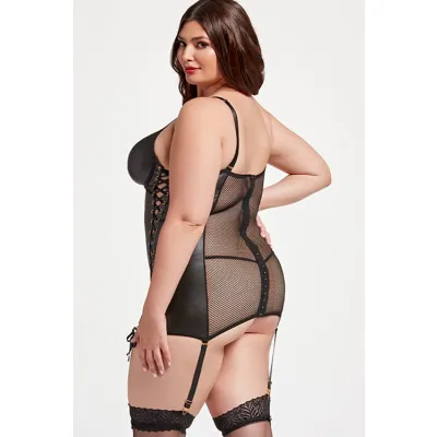 Seven Til Midnight Riveting 2 Piece Black Vegan Leather Chemise Set with G String