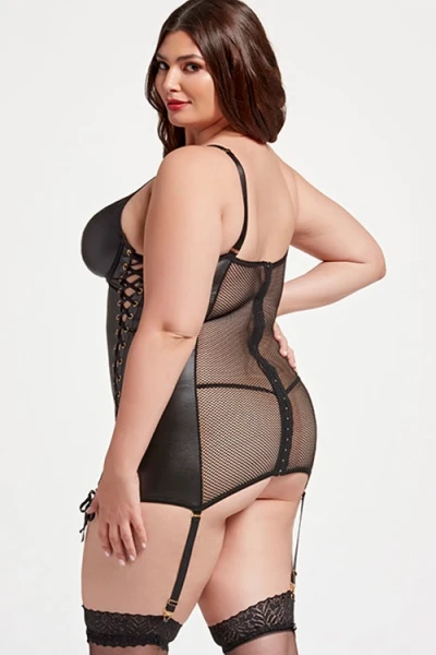 Seven Til Midnight Riveting 2 Piece Black Vegan Leather Chemise Set with G String