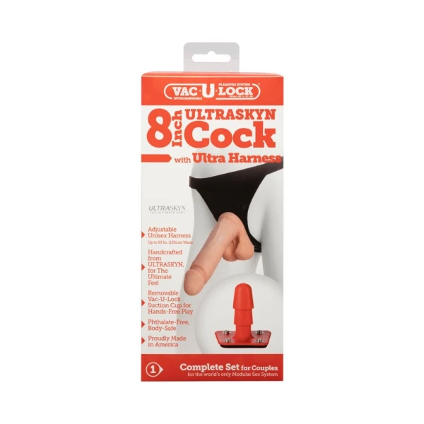Vac-U-Lock 8" Ultraskyn Dildo with Ultra Harness - Beige