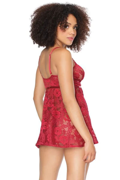 Deep Red Floral Lace Babydoll & Matching Thong