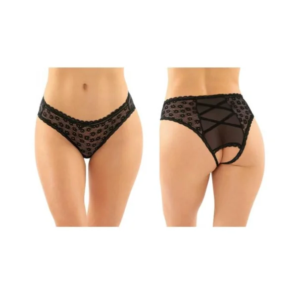 Daisy Crotchless Lace And Mesh Panty With Criss-cross Panel Back 6-pack S/m Black