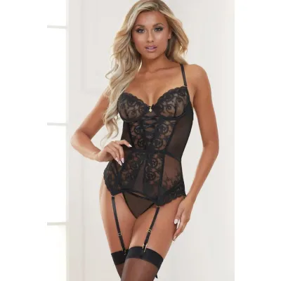 Seven Til Midnight Lustful Thoughts Black Embroidered Mesh Bustier with Garters G String