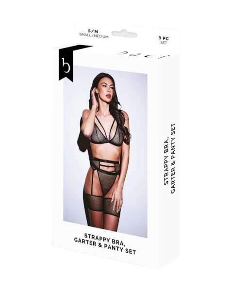 Baci 3pc Strappy Bra, Garter & Panty Set-blk-s/m Bx