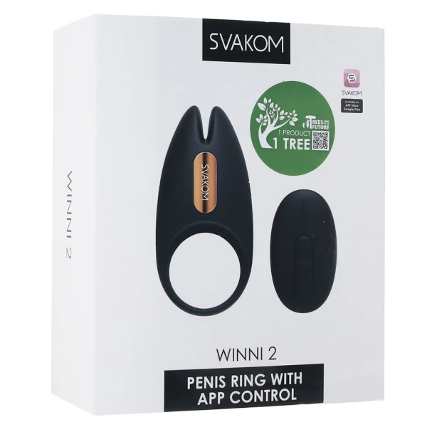 SVAKOM Winni 2 App Enabled Silicone Rechargeable Vibrating Cock Ring With Remote - Black