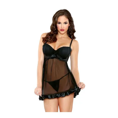 Tease Shirred Cup Babydoll with G Black M L