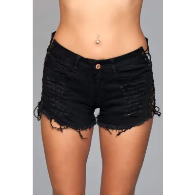 Denim Shorts With Lace Up Side Details and Distressed Details on Front and Back Medium