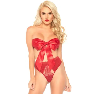 2 Pc Satin Ribbon Gift Bandeau With Hook N Eye Back and Matching G String Red Large