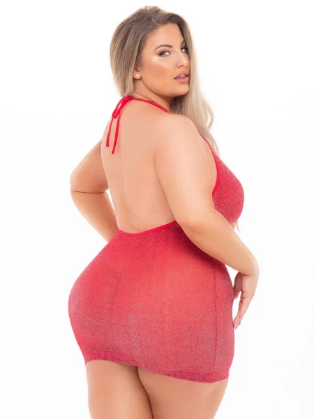 Pink Lipstick Plus Size Red Deep Plunge Halterneck Dress