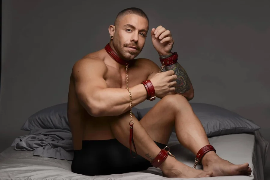 6 Piece Burgundy Bondage Set Burgundy Cuffs,  Collar and Leash