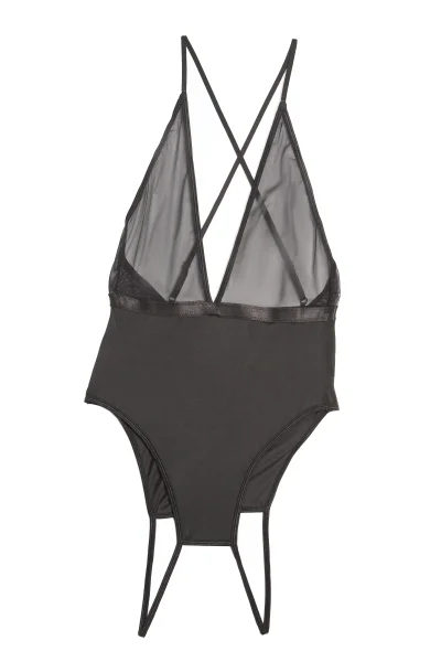 Plus Size Deep V Black Mesh Crotchless Teddy — image 7 of 12