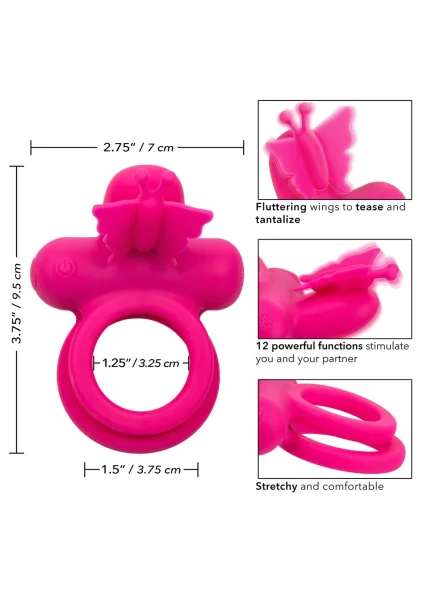 Silicone Rechargeable Dual Butterfly Couples Vibrating Cock Ring By CalExotics - Pink