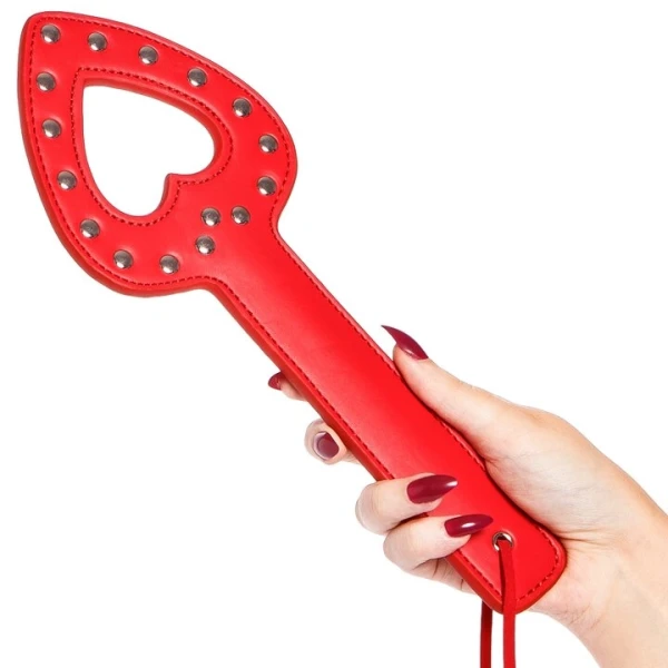 Bondara Tough Love Red PU Studded Heart Paddle - 11.5 Inch