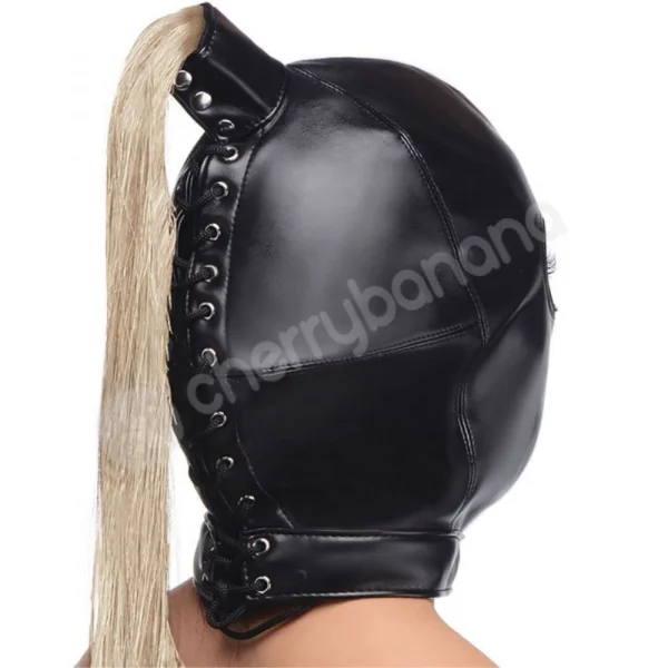 Strict Black Bondage Hood With Attached Blonde Wig Ponytail