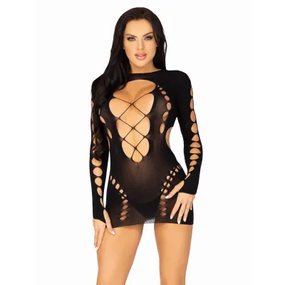 Seamless Cut Out Long Sleeve Mini Dress With Faux Lace Up Detail One Size Black