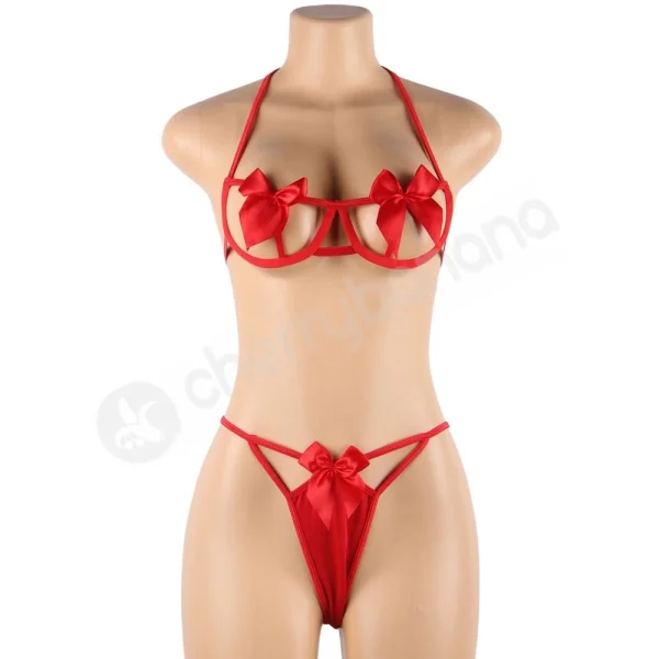 Cherry Banana Red Sexy Bow Underwire Bra & Panty Lingerie Set