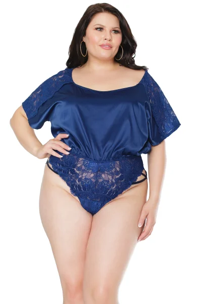 Plus Size Navy Blue Satin & Lace Romper