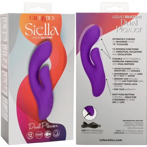 Stella Liquid Silicone Dual Pleaser Rechargeable Waterproof Rabbit Style Vibrator By CalExotics - Purple