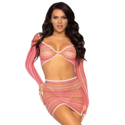 2 Pc Zig Zag Net Crop Top and Mini Dress One Size Pink