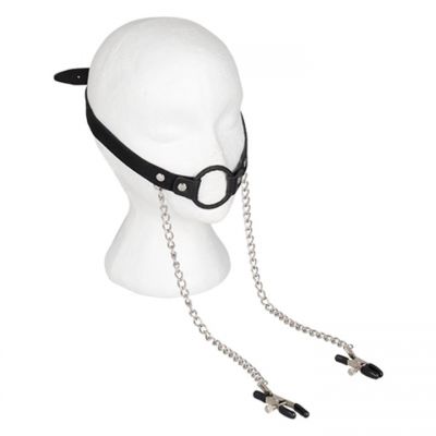 Bondara Luxe Leather O Ring Mouth Gag with Nipple Clamps