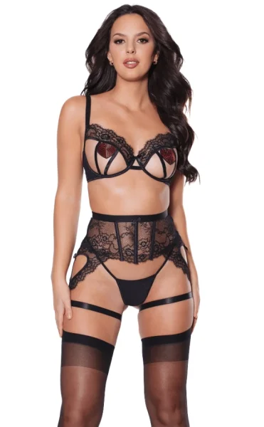 Open Cup Black Lace Bra, G-String & Garter Set — image 5 of 8