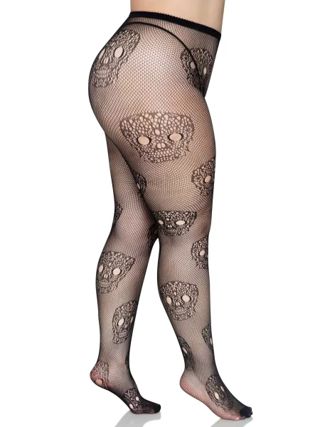 Lace Skulls Fishnet Tights - 1x-2x - Black