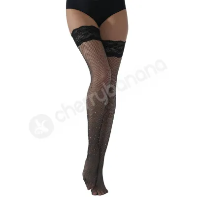 Cherry Banana Black Non Slip Lace Top Fishnet Stockings With Rhinestones