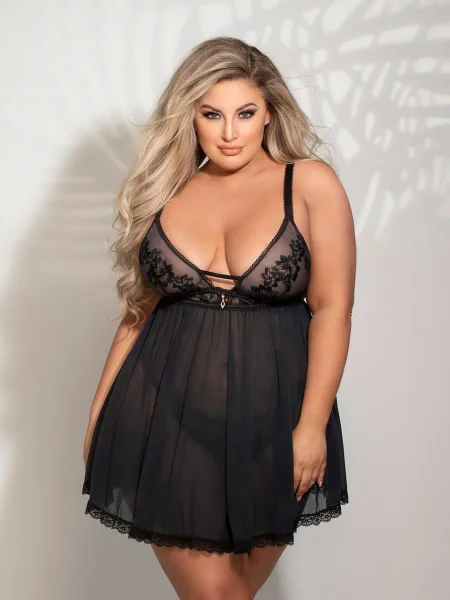 Seven 'til Midnight Plus Size Pink Embroidered Mesh Babydoll