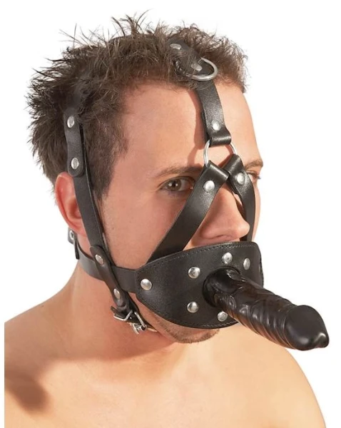 Leather Head Harness With Dildo - Black - 5.1 Inch