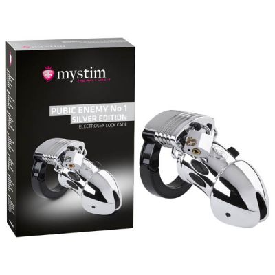 Mystim Pubic Enemy No 1 Silver Edition Silver Cock Cage with E Stim
