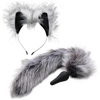 Tailz Black Silicone Anal Plug With Grey Wolf Faux Fur Tail Matching Ears