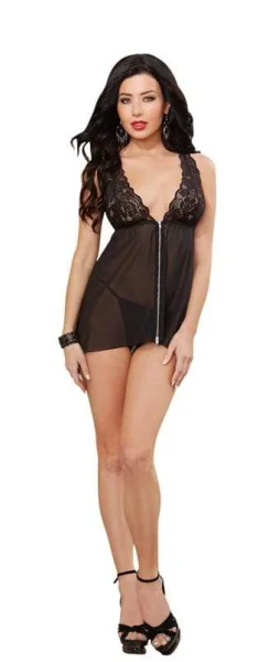 Chiffon Zip Front Babydoll and Thong - Small - Black
