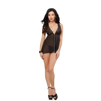Chiffon Zip Front Babydoll and Thong Small Black