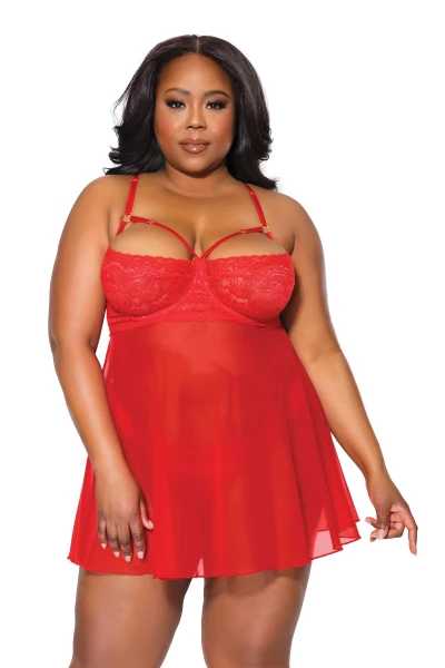 Plus Size V-Strap Red Lace Babydoll & Matching Thong