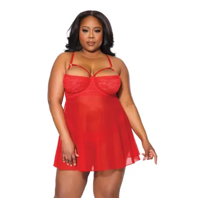 Plus Size V Strap Red Lace Babydoll Matching Thong