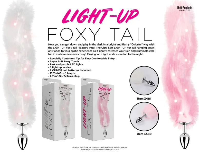 Foxy Tail - Light Up Faux Fur Butt Plug - White Plug - White