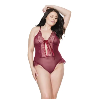 Plus Size Frilly Merlot Crotchless Teddy