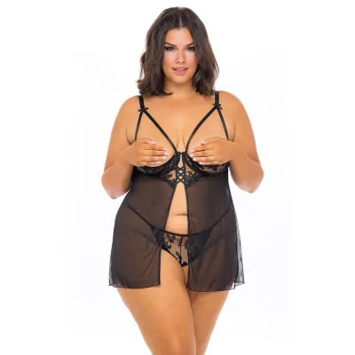 Oh La La Cheri Curve Kira Opencup Black Lace Babydoll