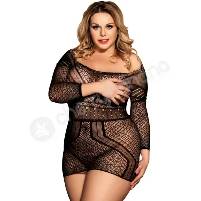 Cherry Banana Plus Size Black Backless Geometric Mesh Mini Chemise Dress