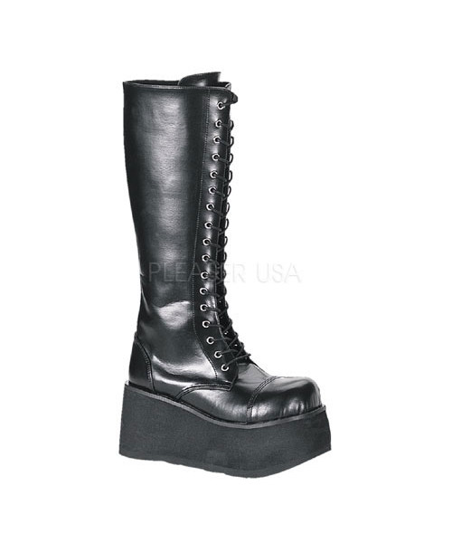 TRASHVILLE-502 - 3 1/4" P/F Goth Punk 17 Eyelet Blk PU Knee BT W/ Zipper